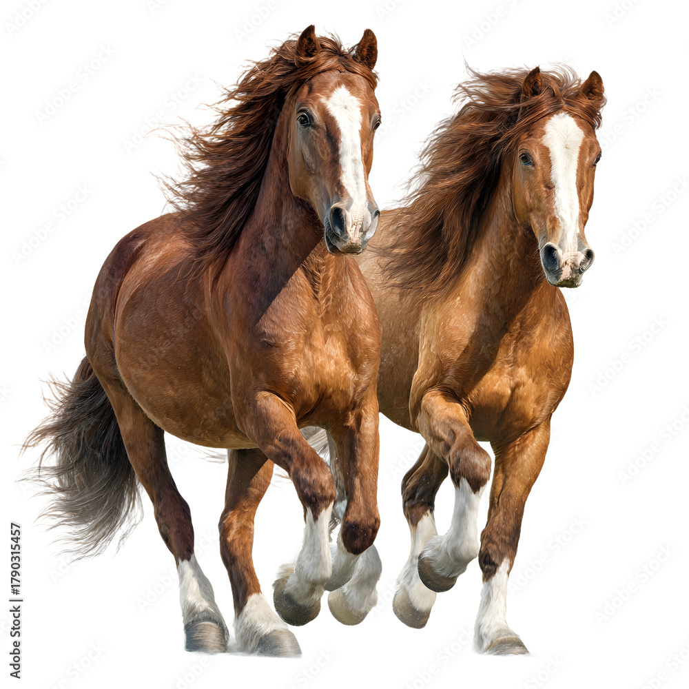 Obraz premium Two beautiful brown horses with flowing manes running together