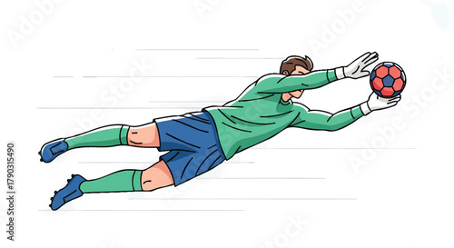 Soccer goalkeeper diving to catch the ball action illustration