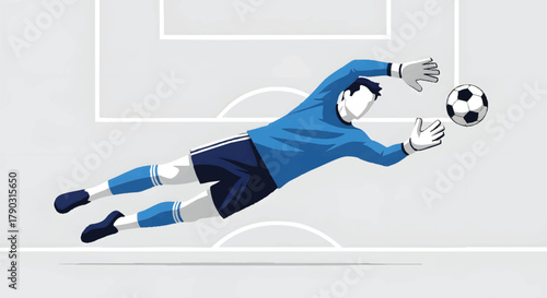 Soccer goalkeeper diving to save a ball against a simplified background
