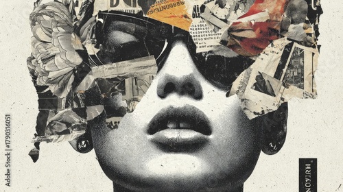 Portrait of a woman wearing sunglasses, her head creatively decorated with a collage of flowers and newspaper clippings, reflecting artistic expression and contemporary design