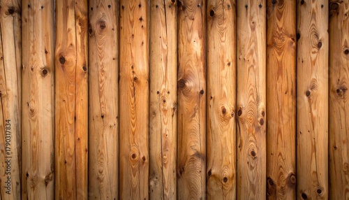 Vertical arrangement of warm-toned wooden logs, likely part of a fence or wall. The logs have natural knots and grain