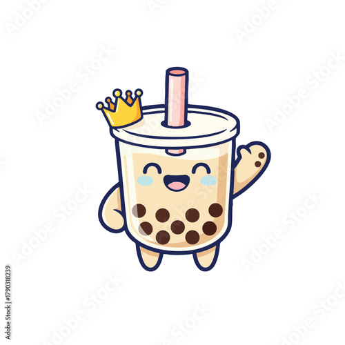 Cute bubble tea character with crown waving hello