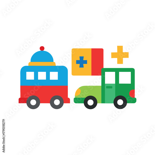 Colorful, cartoonish icons of a yellow school bus, a red fire truck, a blue ambulance, and a green police car, all on a white background.