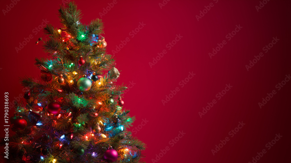 Fototapeta premium Árvore de Natal iluminada com luzes coloridas em destaque sobre fundo vermelho, transmitindo clima festivo, alegria, tradição, celebração familiar e beleza típica das festas de fim de ano