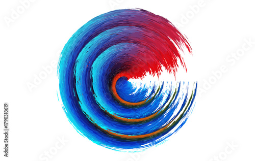 A vibrant circular swirl of red and blue acrylic paint brush texture isolated on a white background. ideal for creative projects, abstract designs, posters, branding, or digital artwork. 