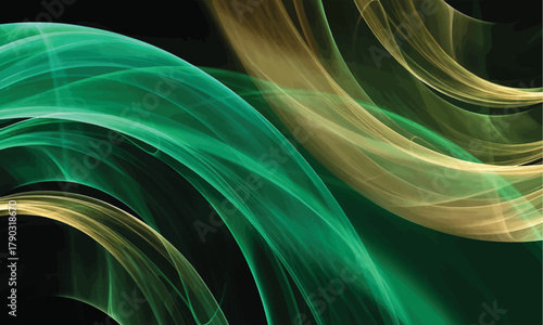 Abstract Green and Gold Swirls on Black Backdrop - Dynamic Design Element