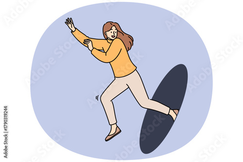 Happy woman jumps out of hole, showing readiness to move forward and energetic mood. Successful girl smiles moving forward thanks to inspiration and motivation for personal development