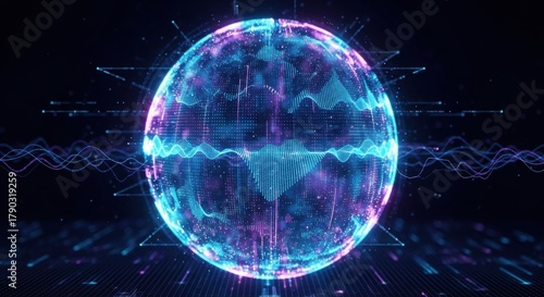 blue and purple glowing digital waves and particles. technology concept Abstract energy