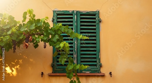 Green Shutters on Yellow Wall with Grapevine 