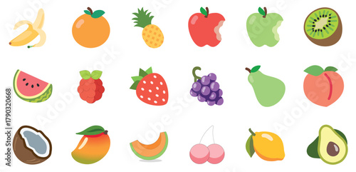 Vibrant Flat Design Fruit and Berry Vector Sticker Set. Healthy Food Icons for Web, App, and Branding.