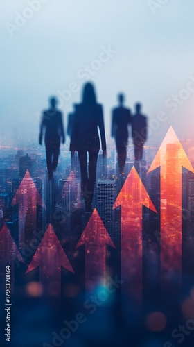 A silhouette of business figures against a backdrop of skyscrapers and upward arrows, symbolizing growth and success in the corporate world.