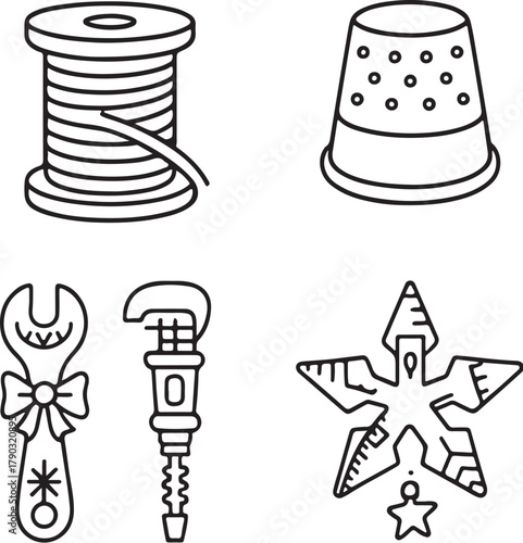 Christmas Tailoring Items  Thread Bobbin, Thimble, Zipper, and Measuring Tape Star  Black and White Vector eps