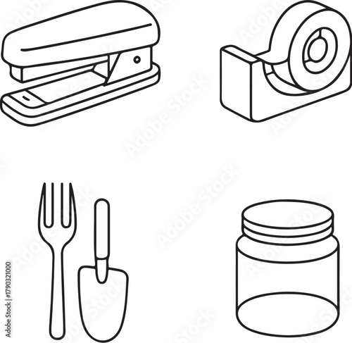 Office Tools  Stapler, Tape Dispenser, Notebook, and Pen Cup Black and White Vector.eps