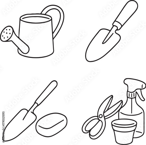Garden Items  Watering Can, Trowel, Pruning Shears, and Flower Pot  Black and White Vector eps