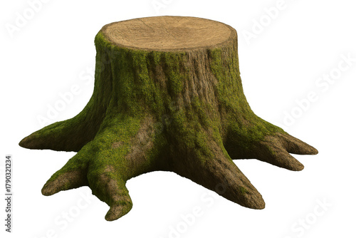 Fototapeta Naklejka Na Ścianę i Meble -  Tree stump with moss and roots on transparent background depicting deforestation, nature, and wood