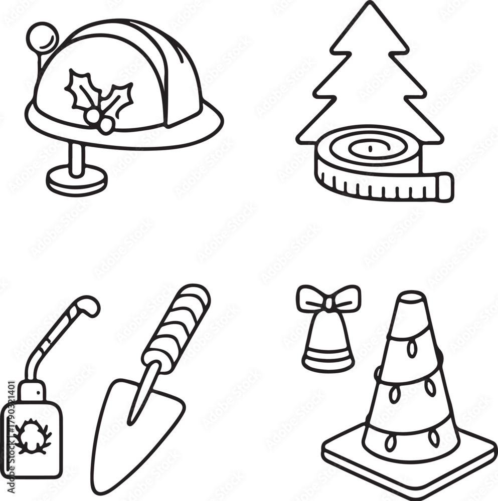 Fototapeta premium Christmas Construction Items ? Hard Hat, Tape Measure Tree, Candy-Cane Trowel, and Light-Wrapped Traffic Cone ? Black and White Vector.eps
