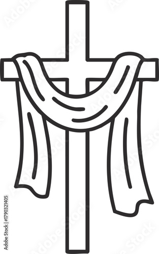 Wooden cross with draped cloth illustration on white background