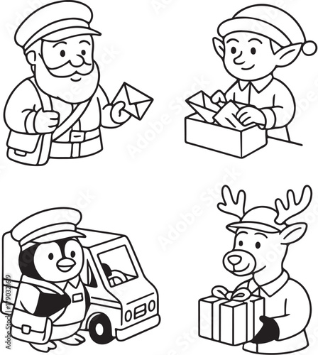 Christmas Postal Roles Santa Mail Carrier, Elf Sorting Letters, Penguin Truck Driver, and Reindeer Delivering Gift  Black and White Vector eps