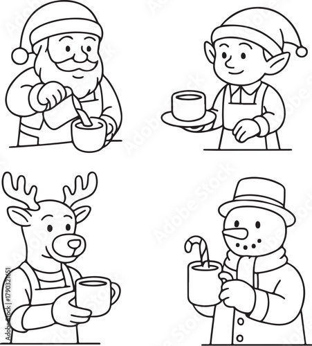 Christmas Caf Scenes Santa Barista, Elf Server, Reindeer Coffee Drinker, and Snowman with Candy Cane Spoon Black and White Vector.eps
