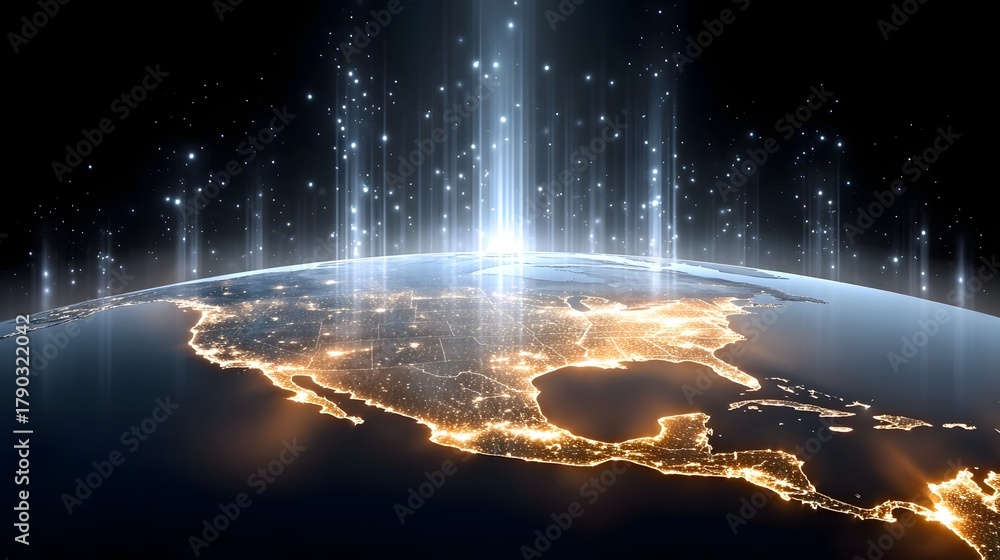 Fototapeta premium Abstract visualization of the planet Earth from orbit at night with glowing city lights and bright energy beams connecting to the cosmos representing global data and communication networks