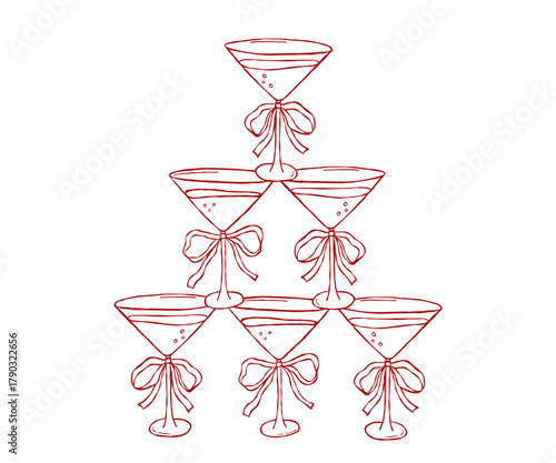 Coquette glasses tower, whimsical sketch for party invitation, champagne drinks, vector doodle illustration