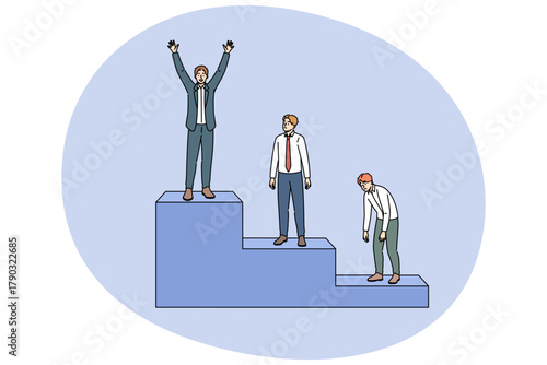 Business man who wins professional competition, standing at top of career ladder. Sad business employee experiencing stress due to falling behind competitors while moving up career ladder