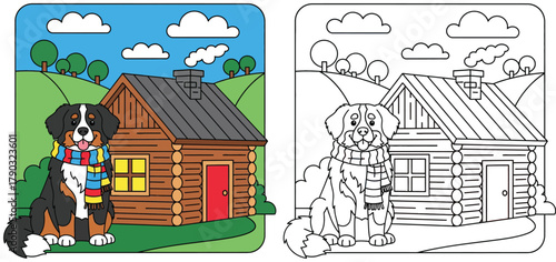 Cute Cartoon Bernese Mountain Dog in Scarf Sitting Beside a Rustic Log Cabin on a Grassy Hill - Coloring Page Illustration