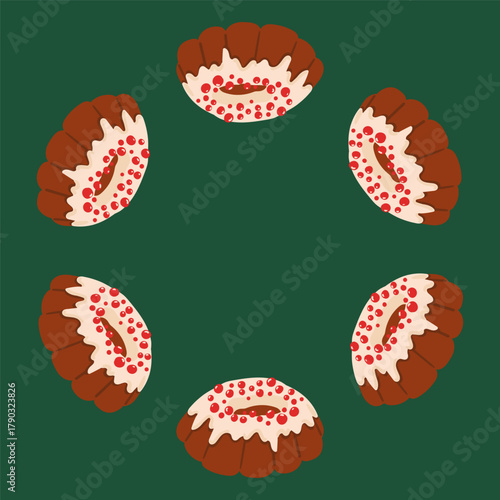 Frame of Christmas puddings with icing and decorations circular arrangement festive background. Copy space