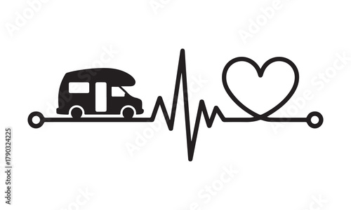 Campervan, heartbeat line, and heart travel icon