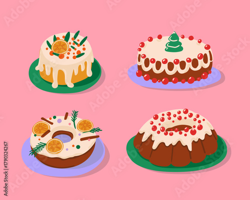 Christmas bakery illustration. Joyful cake decorated with berries and orange in vector.