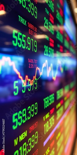 Close-up of stock ticker symbols on a digital screen, representing investment and trading, stock market,  trading