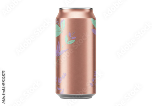 Isolated drink container with floral illustration for soft drink or other canned liquid goods
