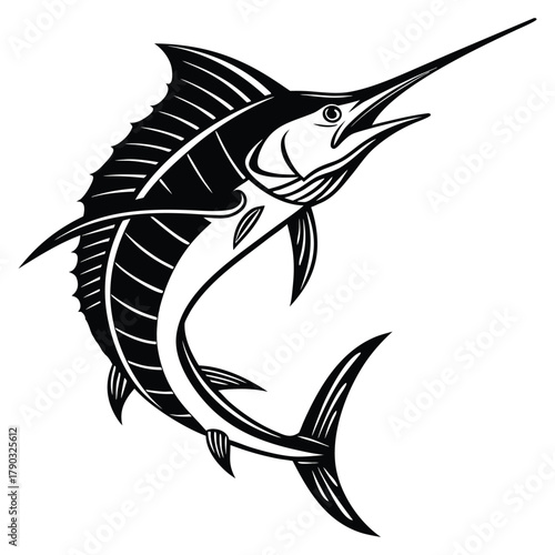 Dynamic black and white illustration of a marlin leaping from the water with its distinctive bill