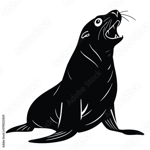 Black silhouette of a sea lion with mouth open and roaring on a white background