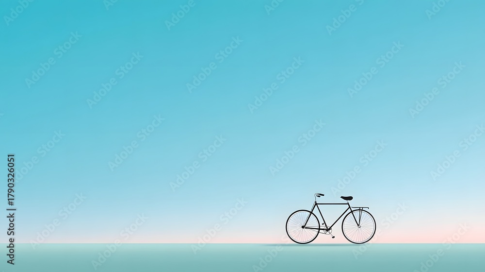 Fototapeta premium A solitary classic bicycle is positioned on a clean horizon set against a vast calming gradient sky of tranquil blue and soft pink evoking a sense of journey and peace