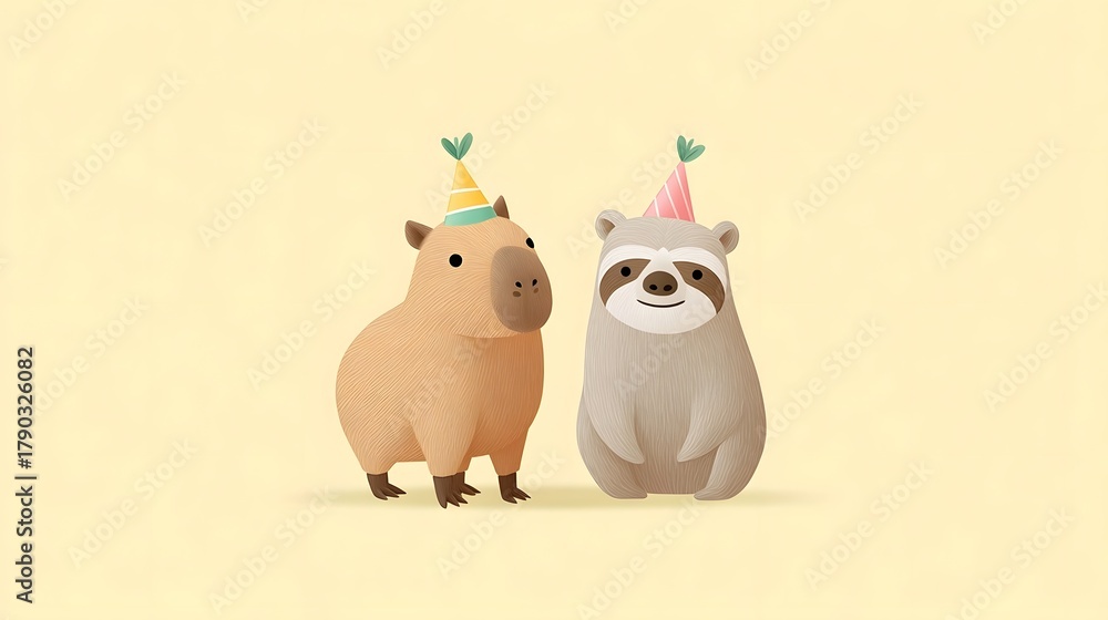 Obraz premium Adorable stylized illust n of a cheerful capybara and a happy sloth both wearing festive party hats standing together against a soft pastel background