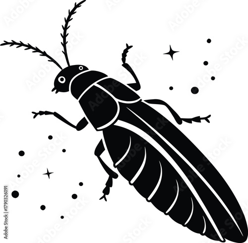 Stylized black silhouette of a firefly or lightning bug with glowing dots and stars in a simple graphic illustration