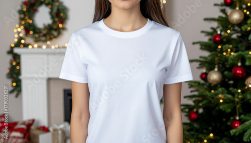 Christmas T-Shirt Product Mockup Featuring Woman in Plain White Tee