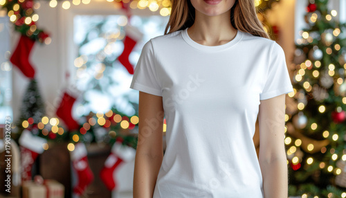 Lifestyle Mockup — Woman Wearing White Christmas T-Shirt with Holiday Lights