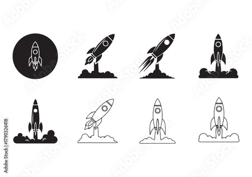Rocket icon set, Business start-up symbol, Rocket launching sign, Vector in flat and outline design