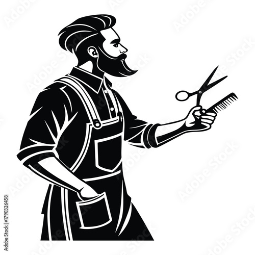 Stylized black and white illustration of a barber holding scissors and comb ready for a haircut