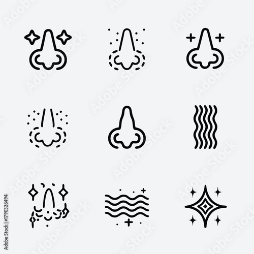 Nose icon set vector illustration. Contains such icon as Nose surgery, acne, sneeze, virus, allergy and more. Expanded Stroke