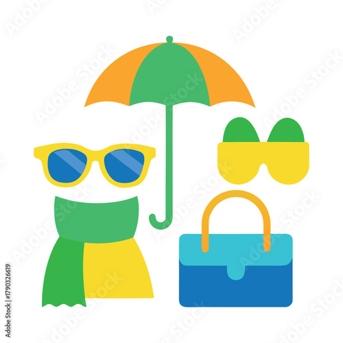 Colorful, cartoonish icons of yellow sunglasses, a green scarf, a blue handbag, and an orange umbrella, all on a white background.