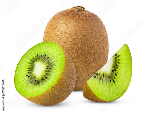 Ripe whole green standing kiwi fruit and half and slice isolated. Kiwis fruits with clipping path.