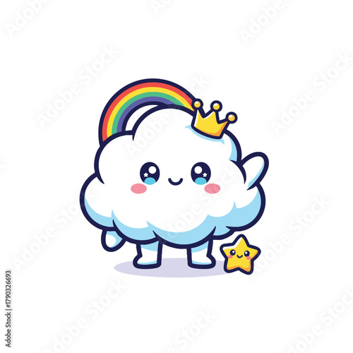 Cute cloud character with rainbow and crown