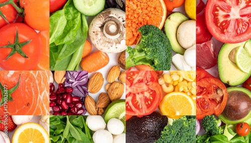 Fototapeta Naklejka Na Ścianę i Meble -  Fresh Ingredients Collage Featuring Colorful Vegetables, Fruits, and Nuts in High-Fidelity Studio Lighting for Culinary Inspiration