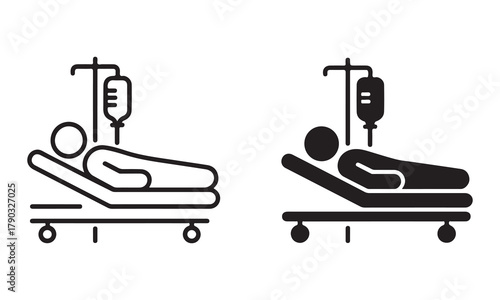 Patient on hospital bed with iv drip icon set
