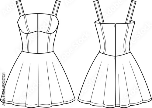 Sweetheart neckline dress sketch, front back view, fitted bodice, flared skirt, fashion flat, cad drawing flat vector illustration