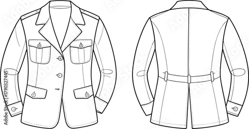 Tailored jacket technical sketch, fashion flat drawing, garment design template, vector illustration, sewing pattern, menswear CAD drawing, apparel construction detail