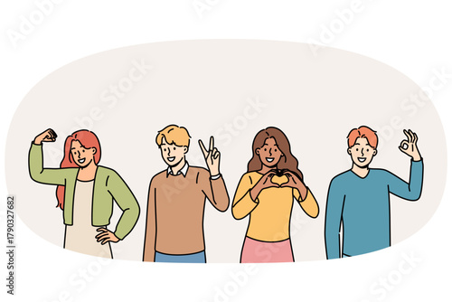 Gestures of agreement and approval are demonstrated by multiracial people, sign of solidarity. Positive guys and girls showing OK symbol or V heart sign for support or approval of advertised product